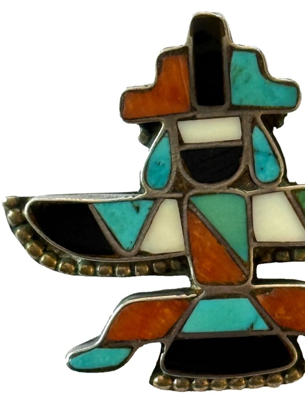 VINTAGE 1930s ZUNI KNIFEWING TURQUOISE CORAL INLAY STERLING SILVER BROOCH SIGNED